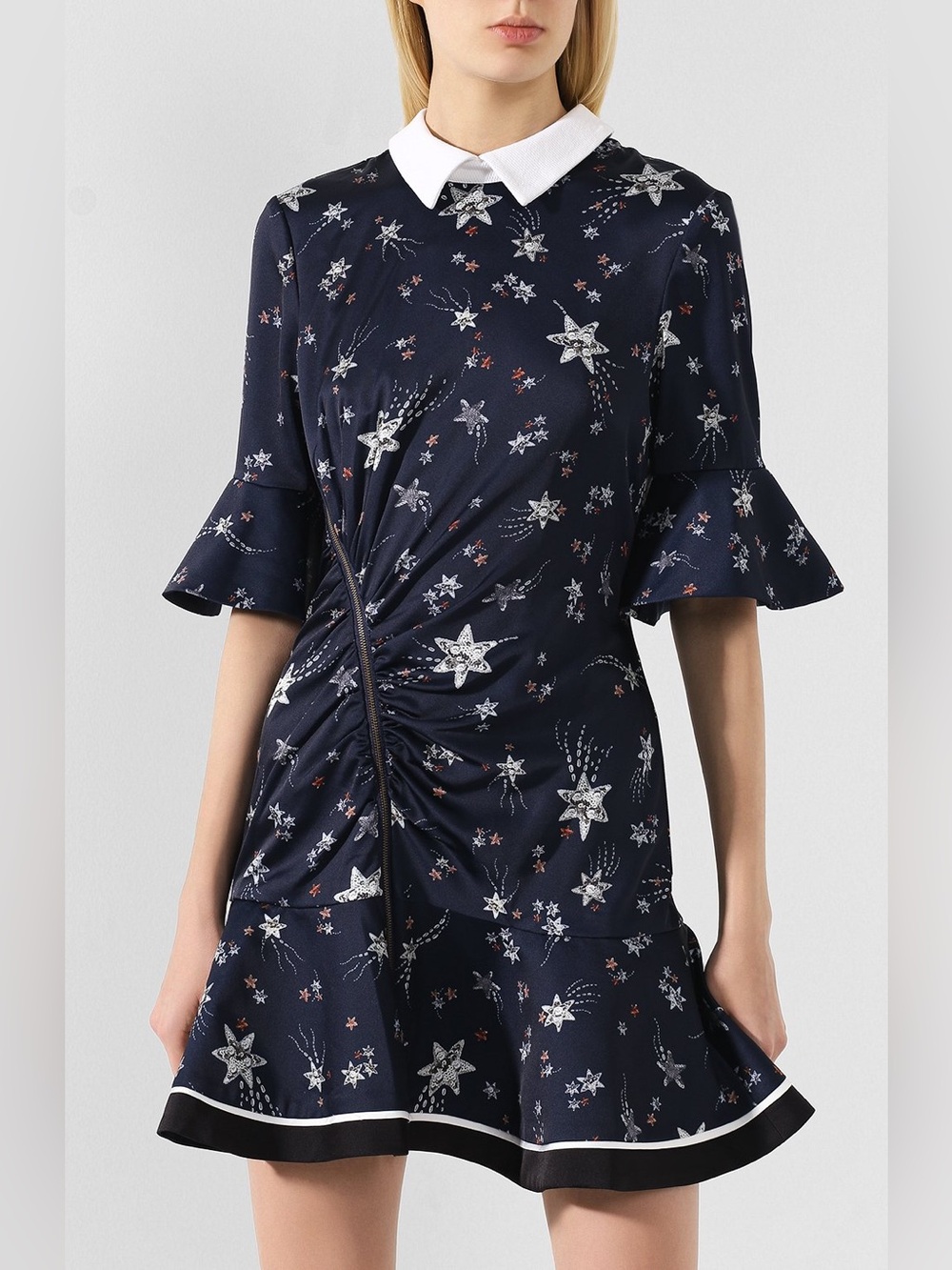 Self - Portrait Navy Star-Print Dress with White Collar US